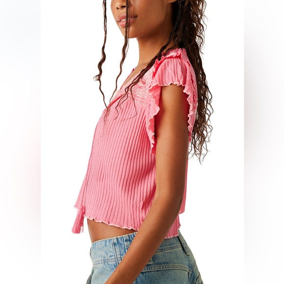 FREE PEOPLE Sarafina Embroidered Ruffle Sleeve Top NWT Pink Lemonade Combo - Picture 2 of 12